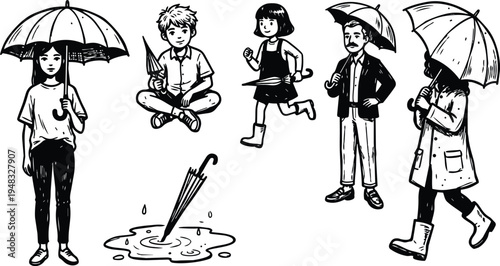 Line art children and adults with umbrellas standing walking sitting splashing near puddle black ink drawn illustration casual clothing urban