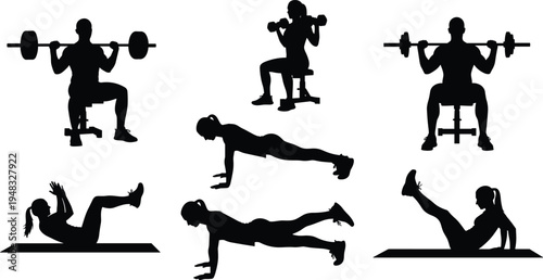 Fitness workout silhouette collection, gym training exercises with dumbbells barbell push ups and abs workout, athlete strength training vector illustration set