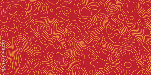 Abstract geographic relief lines, layered red altitude contours flowing across orange surface, seamless terrain design.