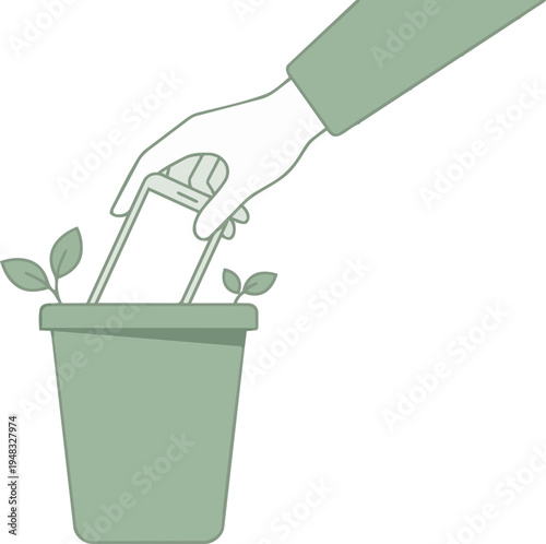 A hand gently places a smartphone into a green plant pot with small sprouts, symbolizing digital detox and connection with nature.
