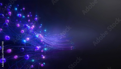 Vibrant network of glowing purple and blue nodes connected by lines spreading across a dark background with technology elements.