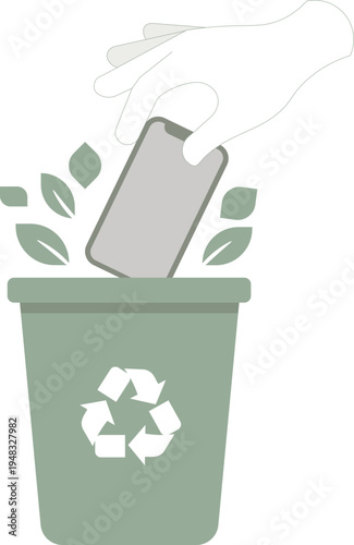 A hand recycling an old smartphone into a green bin with leaves, promoting electronic waste disposal.