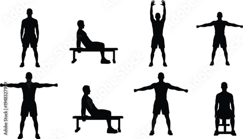 fitness exercise silhouettes set, male athlete workout poses with bench and stretching movements, strength training routine vector illustration isolated