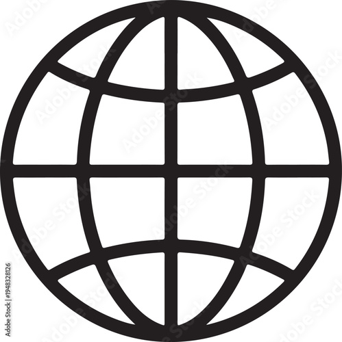 A simple black and white illustration of a globe featuring lines of longitude and latitude
