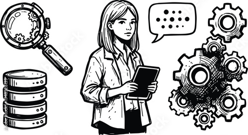 Line art close up woman holding tablet analyzing data with magnifying glass gears server stack speech bubble low contrast mood