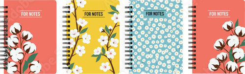 floral notebook covers set, colorful spiral notepads with cotton flowers and floral patterns, stationery journal design vector illustration for notes