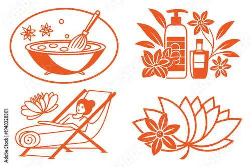 Vector graphic illustrations showcasing elements of spa, wellness, beauty, relaxation, and natural cosmetic treatments for personal care.
