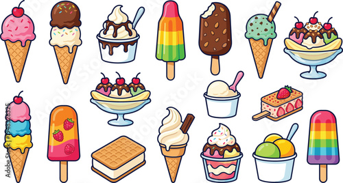 Ice cream dessert vector illustration set with cones popsicles sundaes waffle sandwich and frozen