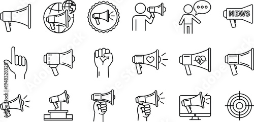 Vector collection of black minimalist megaphone icons featuring loudspeaker symbols for digital marketing news announcement promotion and public speaking isolated on white background