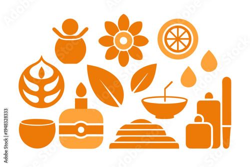 Modern vector graphic illustration featuring a curated collection of essential spa, wellness, and relaxation elements for beauty designs.