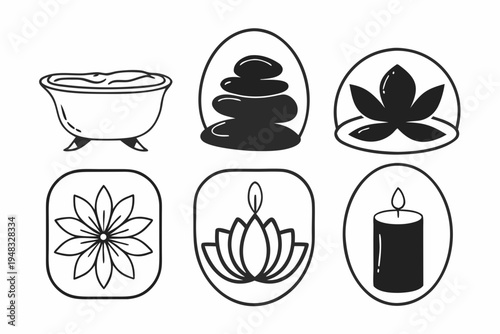 A collection of vector graphic icons representing spa, wellness, and relaxation elements, perfect for design projects and tranquil themes.