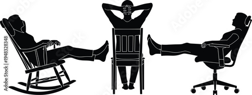 Black silhouette collection of people relaxing in different chairs including rocking chair, office chair and dining chair for comfort and stress relief concepts.