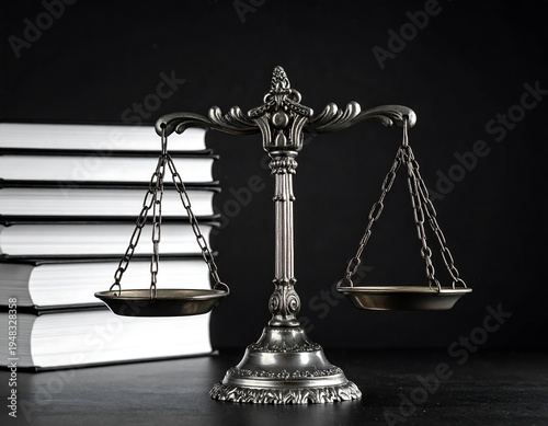 Antique scales stand beside stack of books against a black backdrop, highlighting justice and intellect