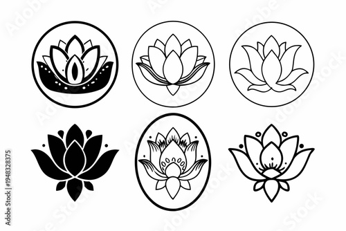 Diverse black and white lotus flower vector illustration set showcasing various minimalist floral graphic designs and spiritual symbols for meditation and purity.