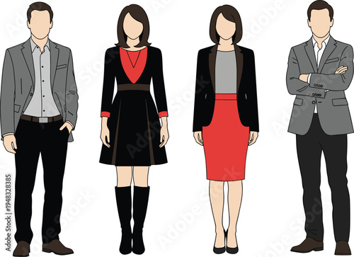 Four illustrated professionals standing side by side in business attire, showcasing corporate fashion, workplace diversity, career concepts, modern office lifestyle,
