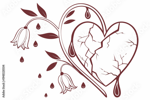 Broken heart vector illustration depicting profound emotional pain and sorrow with falling teardrops and decorative floral elements.