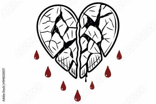 Stylized vector illustration of a deeply shattered heart, visibly broken into pieces, with dark red blood droplets.
