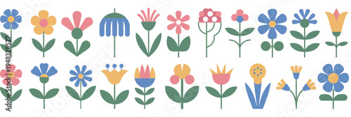 floral design elements set with abstract folk style flowers, geometric shapes, delicate petals and leaves. spring and summer blossoms for nature decor. flat vector illustration isolated on white backg