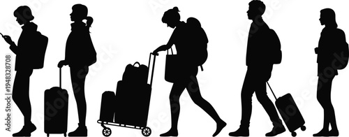Five silhouetted travelers carrying backpacks, pulling suitcases, and pushing luggage carts, standing in a line, symbolizing airport journey, modern travel lifestyle, mobility