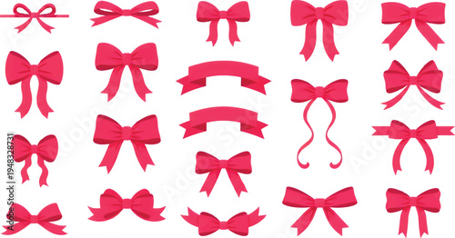 Red Bows Arranged in Rows on a White Background