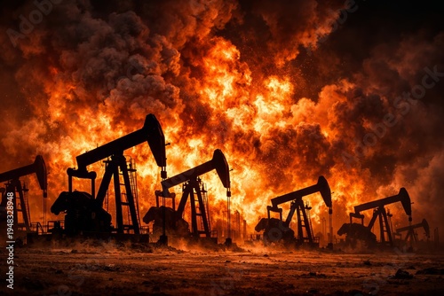 Oil pump jacks silhouettes against massive explosion and fire at oil field from missiles during the war with Iran, explosion cloud symbolizing energy crisis and geopolitical conflict
