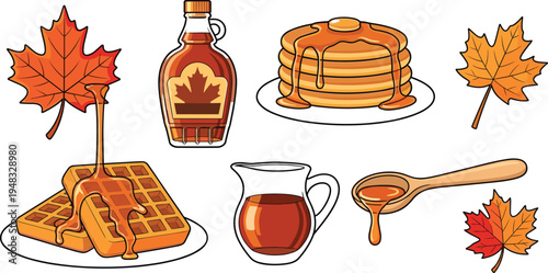 Maple Syrup Breakfast Set with Pancakes Waffles Syrup Bottle Pitcher Spoon and Autumn Leaves Sweet Food Vector Illustration Collection