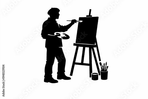 Minimalist Black Silhouette of Male Artist Painting on Canvas Easel