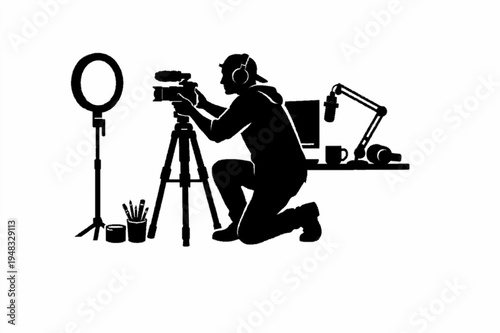 Professional Content Creator Silhouette with Camera Ring Light and Podcast Setup