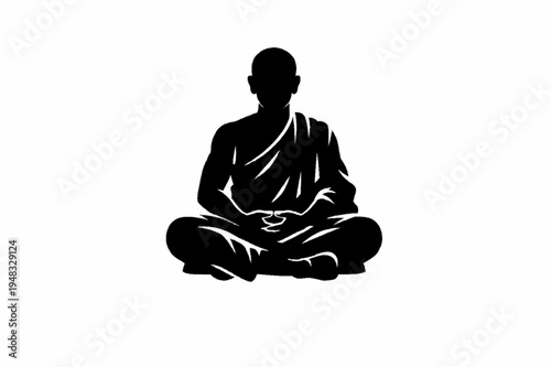 Minimalist Black Silhouette of Buddhist Monk Meditating in Lotus Position