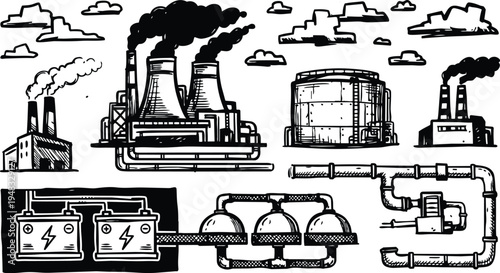 Line art industrial plant panorama showing cooling towers storage tank pipelines and battery boxes close up low angle view smoke