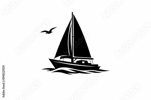 Minimalist Black and White Sailboat Silhouette on Ocean Waves with Seagull