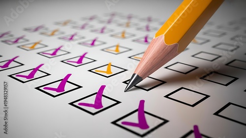 Yellow Pencil Marking Checkboxes on a Detailed Survey or Election Ballot Grid