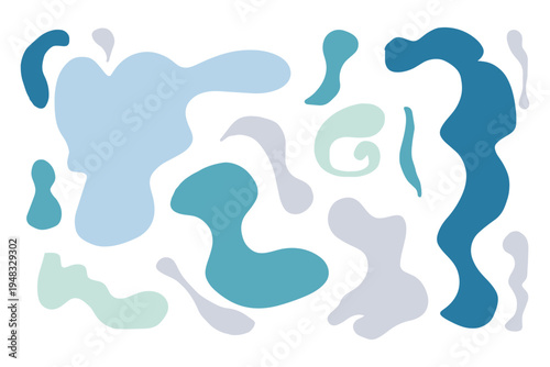 青とグレーの有機的な抽象図形セット、モダンなアブストラクトシェイプ、ミニマルなベクターイラスト、背景デザインや装飾用パーツ素材