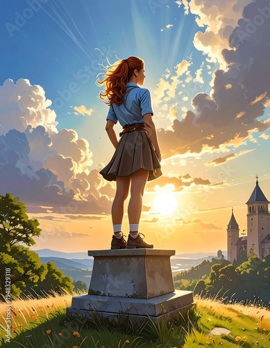Redhead girl on pedestal gazes at sunset over hills, castle background