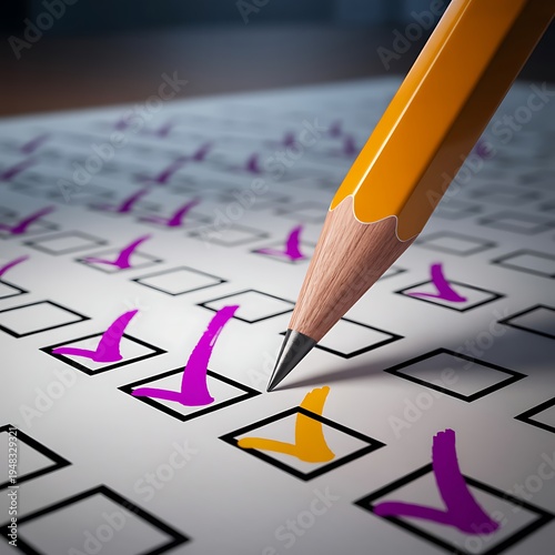 Yellow pencil marking many purple and orange checkboxes on a white paper checklist for completion