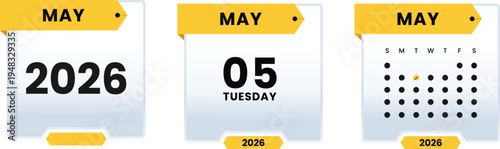 May 05 2026 Tuesday Calendar Icon Set Highlighting Specific Weekday Date with Monthly Grid View and Yearly Planner Graphic Elements for Digital Scheduling and Events