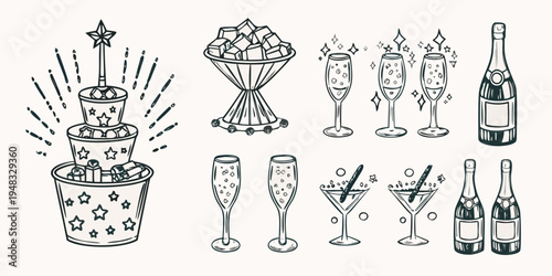 Celebratory illustrations featuring champagne cocktails and festive decorations