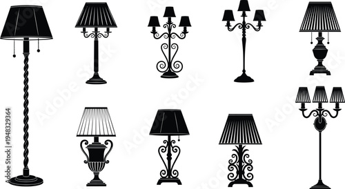 Elegant vintage lamp silhouette collection featuring table lamps, floor lamps and decorative candelabra lighting designs for classic interior decoration and home lighting illustration set