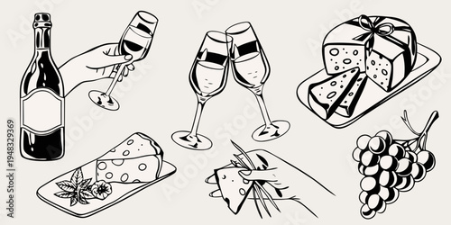 Celebratory sketch featuring champagne cheese and grapes in black and white