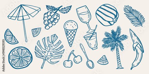A collection of summer themed doodles in a blue line art style