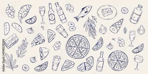 A whimsical sketch of various food and drink items arranged artfully