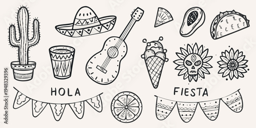 A collection of hand drawn mexican themed elements and cultural icons