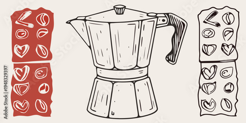 Hand drawn illustration of a moka pot with coffee beans and decorative elements