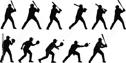 Black silhouette vector collection of baseball players batting and catching balls in various action poses isolated on white background for sports.