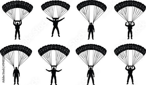 Black silhouette vector icons of skydivers and paragliders with open parachutes in various air poses isolated on white background set.