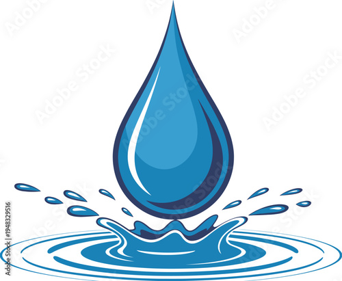 Blue Water Droplet With Ripples, Minimal Liquid Splash Effect, Fresh Water Movement And Reflection Design, Realistic Vector Illustration For Hydration, Nature, And Environmental Graphics.