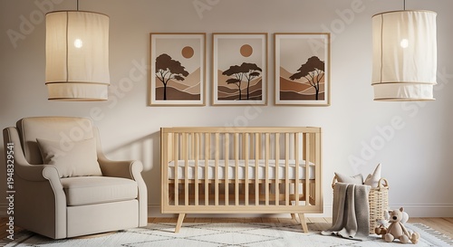 Cozy minimalist nursery room featuring light wooden crib and stylish decor with soft armchair and artwork
