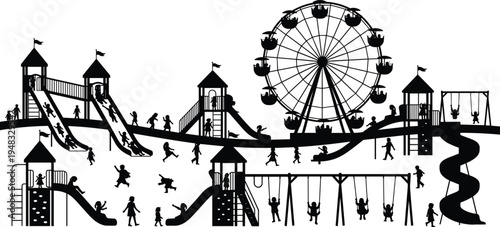 Black silhouette vector of children playing on playground slides and swings with a large Ferris wheel isolated on white background.