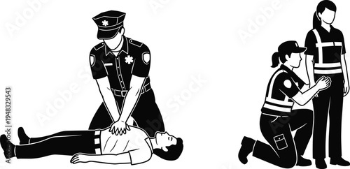 Emergency responder performing CPR on unconscious patient with paramedic team, first aid resuscitation and life saving procedure concept, medical emergency response illustration