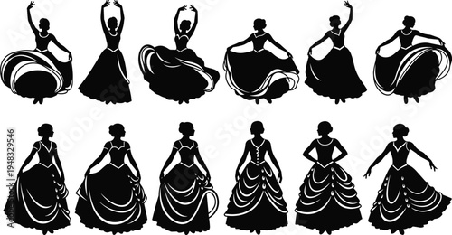 Black vector silhouette set of elegant women in long ball gowns and dresses performing graceful classical dance movements on white,